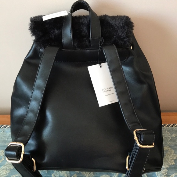 COLAB BLACK VEGAN LEATHER FAUX FUR BACKPACK NWT - Picture 3 of 7